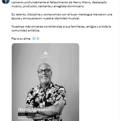 Figuras del arte y la política lamentan el fallecimiento del maestro del merengue Henry Hierro